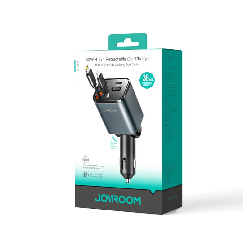 Joyroom JR-CCL05 50W 4-in-1 Retractable Car Charger-Dark Grey Joyroom.pk