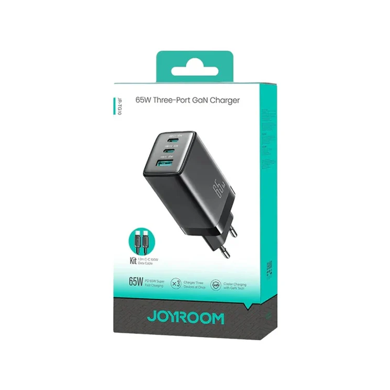 Joyroom JR-TG10 65W GaN Charger - Black (EU)+A14 C to C 100W 1.2m Cable-Black Joyroom.pk