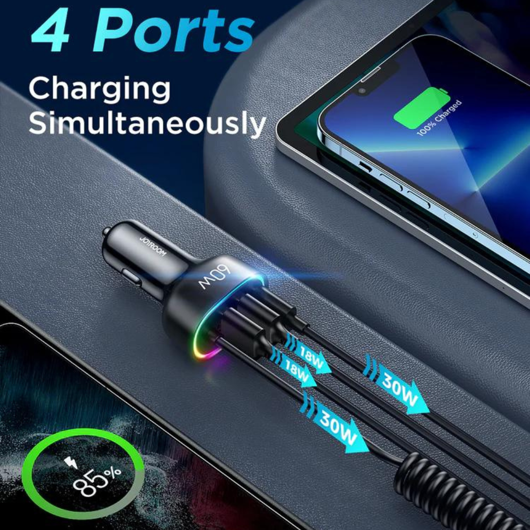 CL20 4 IN 1 PD FAST CAR CHARGER WITH COILED LIGHTNING CABLE