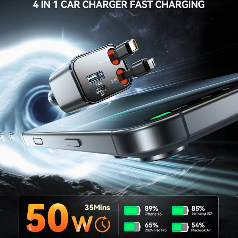 Joyroom JR-CCL05 50W 4-in-1 Retractable Car Charger-Dark Grey Joyroom.pk