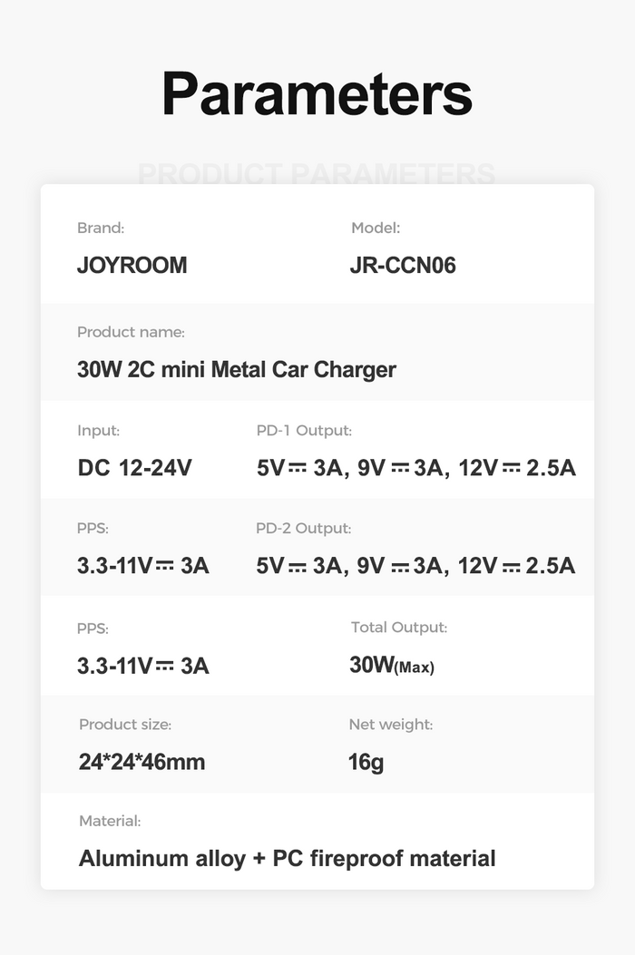 CCN06 JOYROOM 30W CAR CHARGER - MINI METAL WITH 2C MULTIPLE PROTECTION JOYROOM