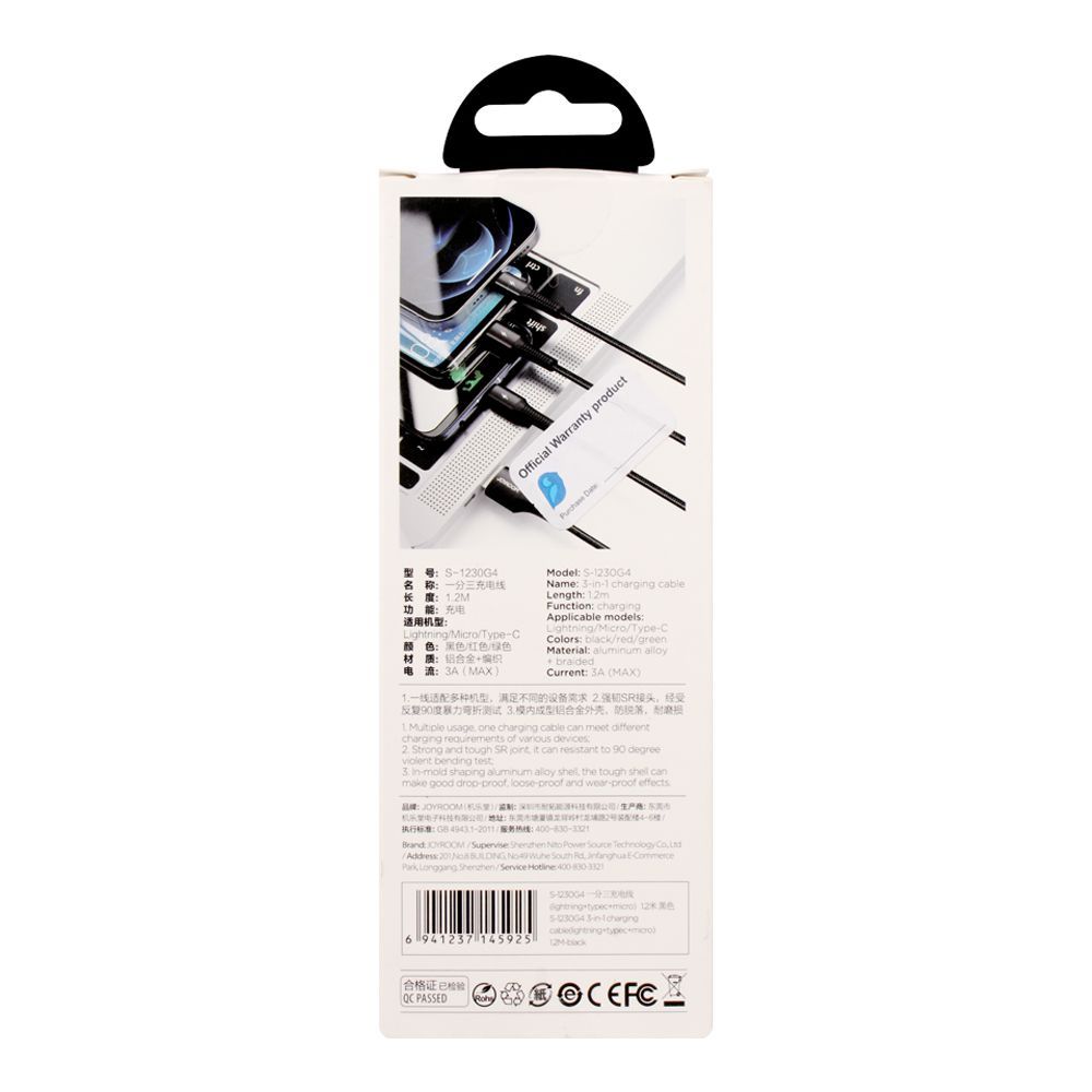 S-1230G4 JOYROOM 3 In 1 Charging Cable (iPhone + Type C + Micro) 1.2M Joyroom.pk