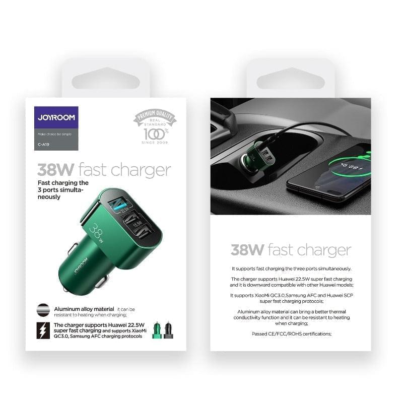 C-A19 JOYROOM 38W 3 USB Ports Fast Charging Aluminum Alloy Car Charger Joyroom.pk